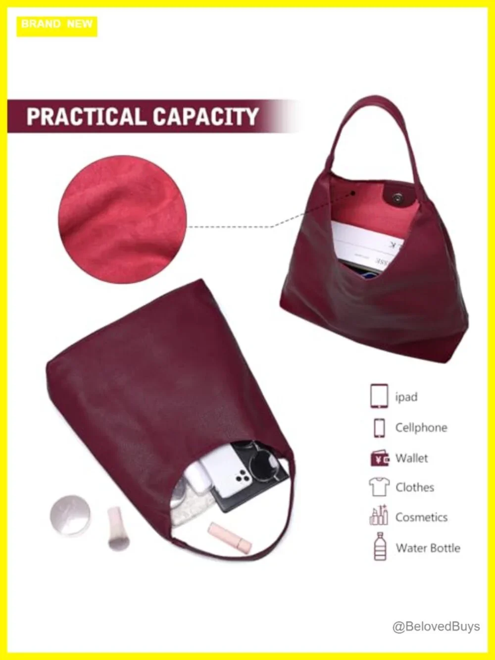 Soft Vegan Leather Slouchy Hobo Tote Bag Shoulder Purse for Work Travel